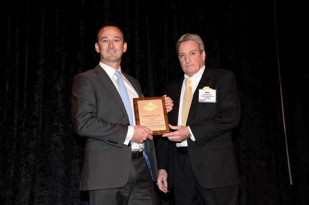 VP Commercial for Technip USA, Inc. Will Davie (right) accepts the 2016 NOIA Safety in Seas Culture of Safety Award from Amos Bussman (left), President of Compass Publications.